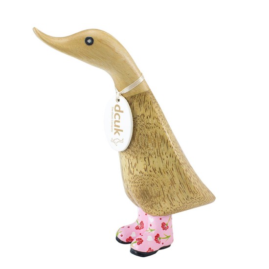 DCUK Natural Finish Duckling with Pink Floral Welly Boots