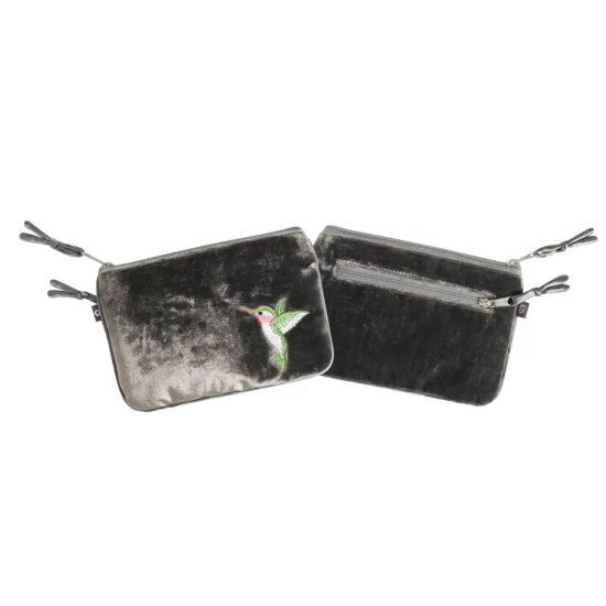 Earth Squared Grey Velvet Juliet Purse with Hummingbird