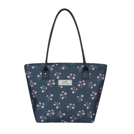 Earth Squared Navy and Pink Flower Oil Cloth Tote Bag