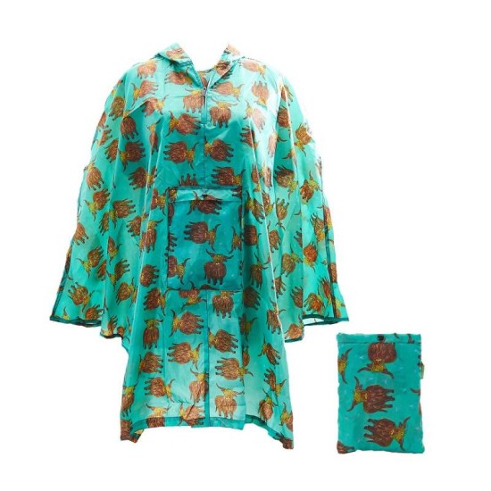Eco Chic Highland Cow Green Waterproof Foldable Adult Poncho