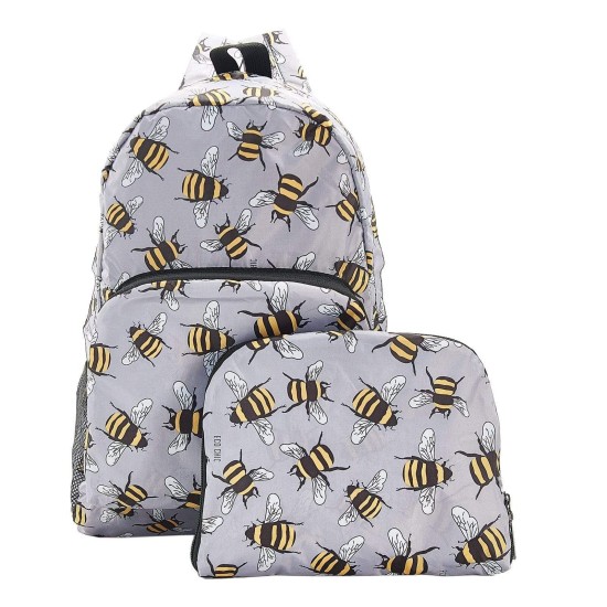 Eco Chic Lightweight Foldable Backpack - Bees Grey