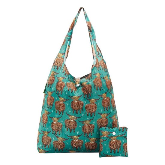Eco Chic Lightweight Foldable Shopping Bag - Highland Cow Teal