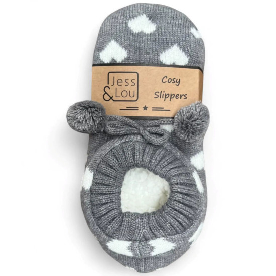 Jess & Lou SL624 Grey & White Heart Cosy Slippers
