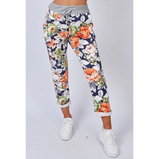 Jessie 3/4 Trousers - Rose Print Navy