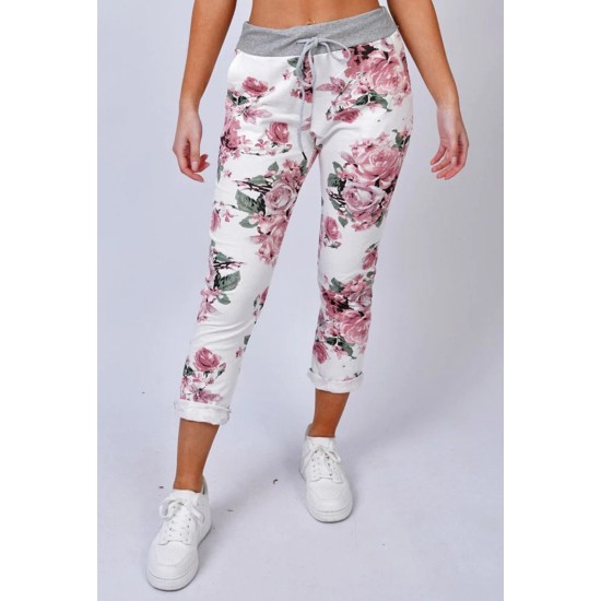 Jessie 3/4 Trousers - Rose Print White