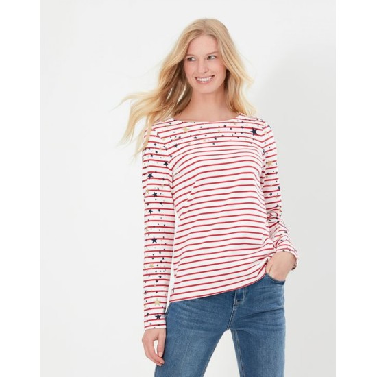 Joules Harbour Print Long Sleeve Jersey Top - Cream Red Stripe