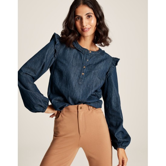 Joules Remi Frill Shoulder Chambray Blouse - Blue