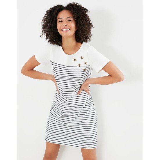 Joules Riviera Embroidered Short Sleeve Dress - Cream Stripe