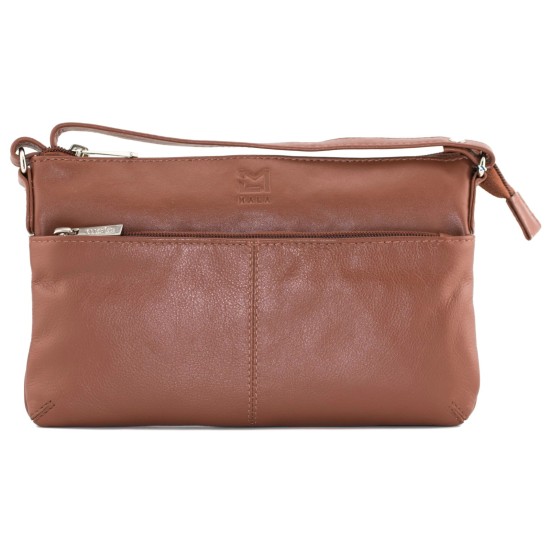 Mala Leather Anishka Slim Midi Double Pocket Cross Body Bag - Tan
