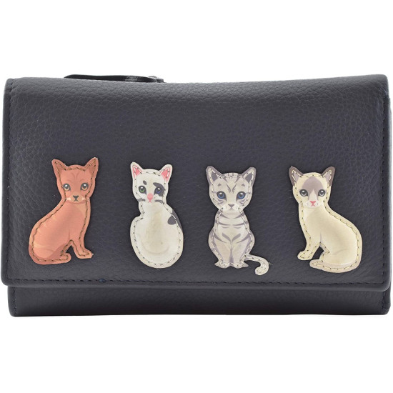 Mala Leather Best Friends Sitting Cat Tri Fold Purse - Navy