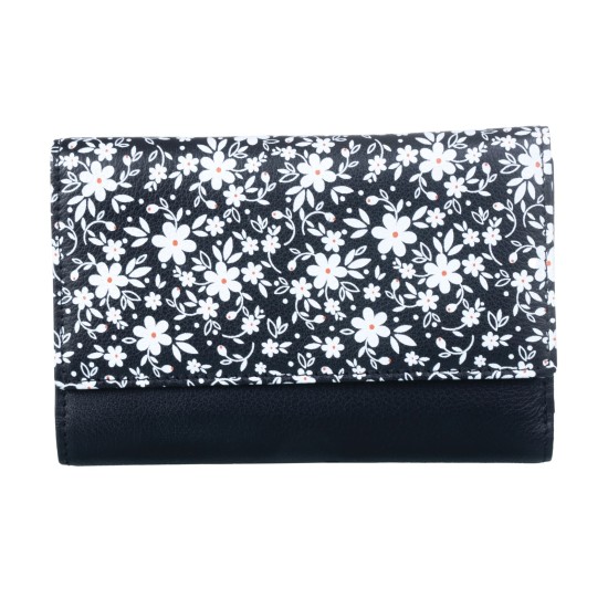 Mala Leather Maisie Flower Print Large Tri Fold Purse - Black