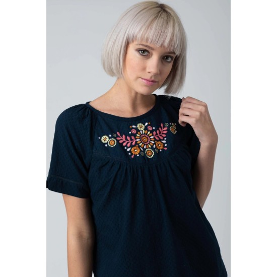 Mistral Embroidered Bib Woven Top in Navy