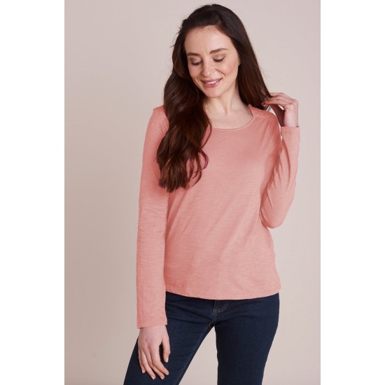 Mistral Lace Shoulder Detail Long Sleeve Tee in Peach Bud