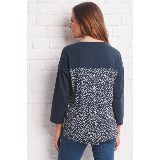 Mistral Poppies Print Mix Button Back Tee - Navy