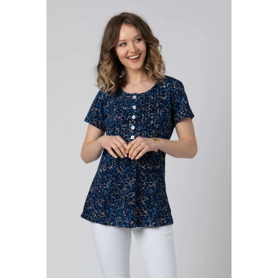 Mistral Speckled Leaves Pintuck Bib Tunic - Blue