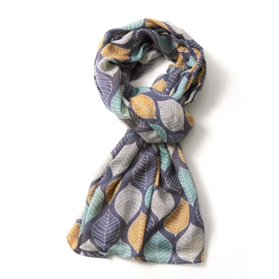 Pure Fashions Large Leaves Scarf - Navy Blue