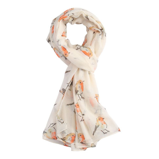 Pure Fashions Watercolour Robins Scarf - Cream