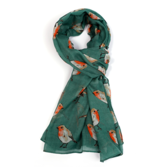 Pure Fashions Watercolour Robins Scarf - Green