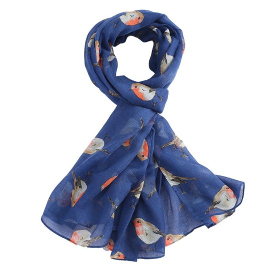 Pure Fashions Watercolour Robins Scarf - Navy