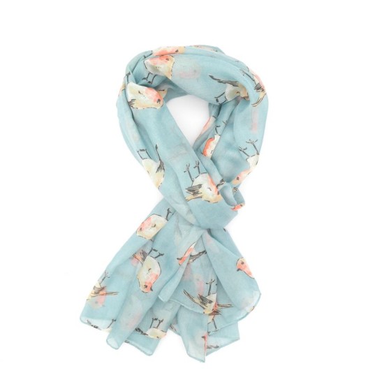 Pure Fashions Watercolour Robins Scarf - Sky