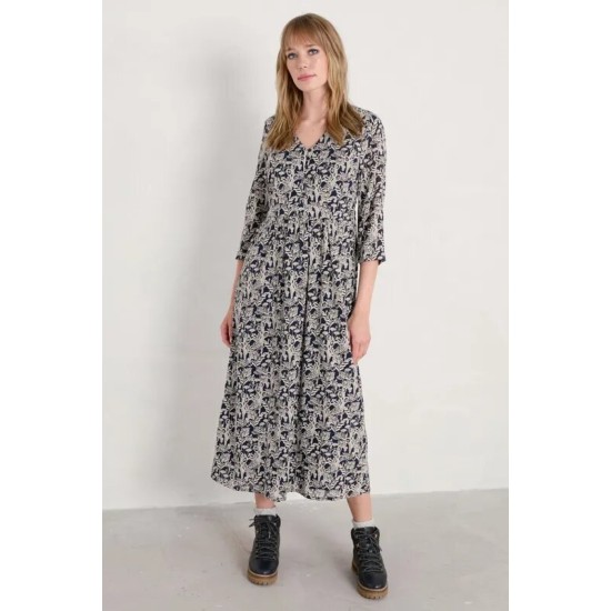 Seasalt Feather Slate 3/4 Dress - Printed Seed Heads Magpie