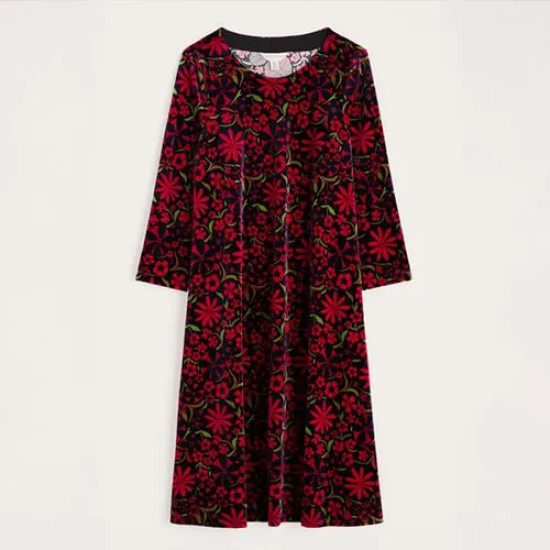Seasalt Mahonia Velvet Dress - Folky Flowers Onyx Carmine