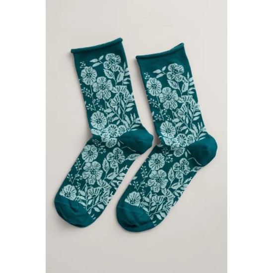 Seasalt Women's Arty Organic Cotton Socks - Lace Floral Dark Fern