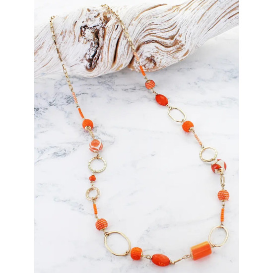 Suzie Blue AY1602OR Long Delicate Bead & Chain Necklace - Orange