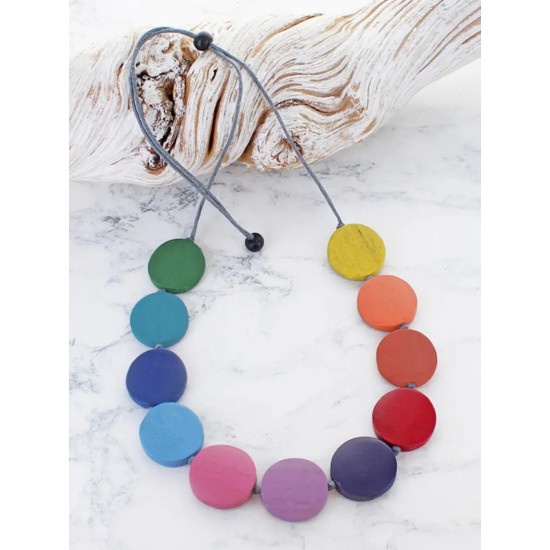 Suzie Blue FB1609 Short Wooden Rainbow Disc Necklace