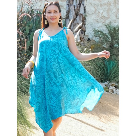 Suzie Blue LS1340BLU Leaf Print Handkerchief Dress - Blue