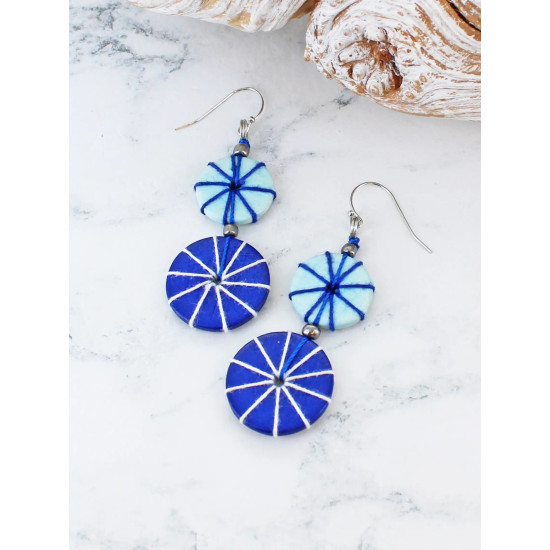 Suzie Blue UJ1606BLU Double Wooden Disc & Thread Earrings - Blue