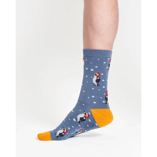 Thought Men's Christmas Animal Bamboo Socks - Denim Penguin