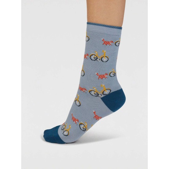 Thought SPW885 Dilloyn Cat And Bike Cotton Socks - Lake Blue