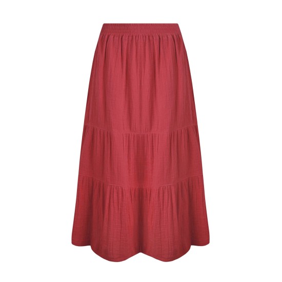 Weird Fish Lathika Organic Cotton Tiered Midi Skirt - Crimson