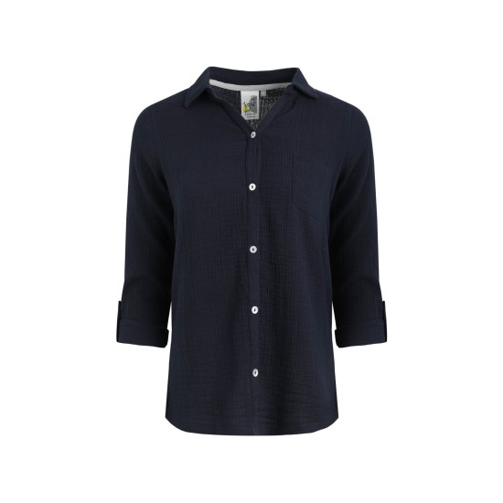 Weird Fish Suria Organic Cotton Double Cloth Shirt - Navy