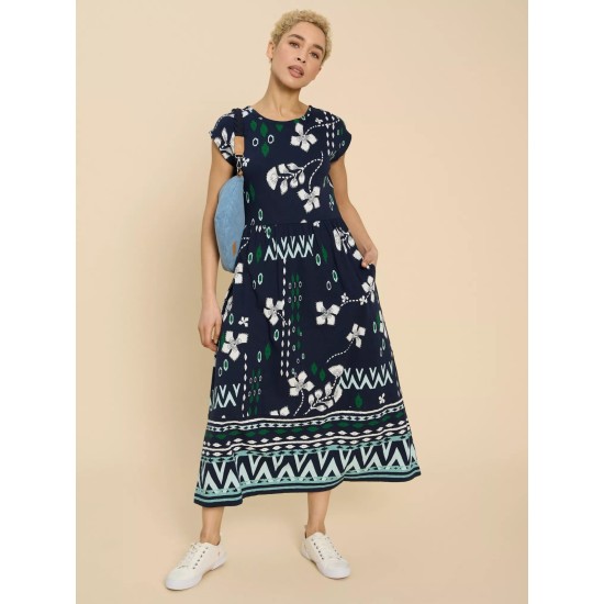 White Stuff Addison Cotton Jersey Dress in Navy Print