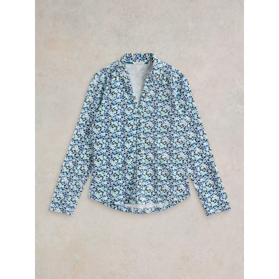 White Stuff Annie Collared Jersey Shirt in Blue Multi