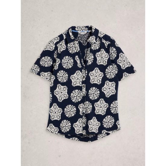 White Stuff Annie Collared Short Sleeve Jersey Shirt in Navy Print