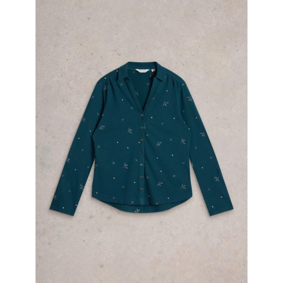White Stuff Annie Embroidered Collared Shirt in Teal Multi 