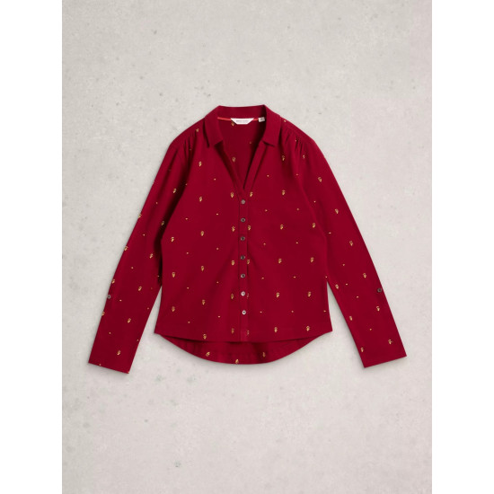 White Stuff Annie Embroidered Shirt in Deep Red