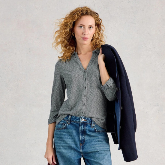 White Stuff Annie Jersey Stripe Shirt in Navy Multi