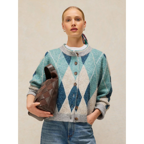 White Stuff Argyle Check Cardi in Blue Multi