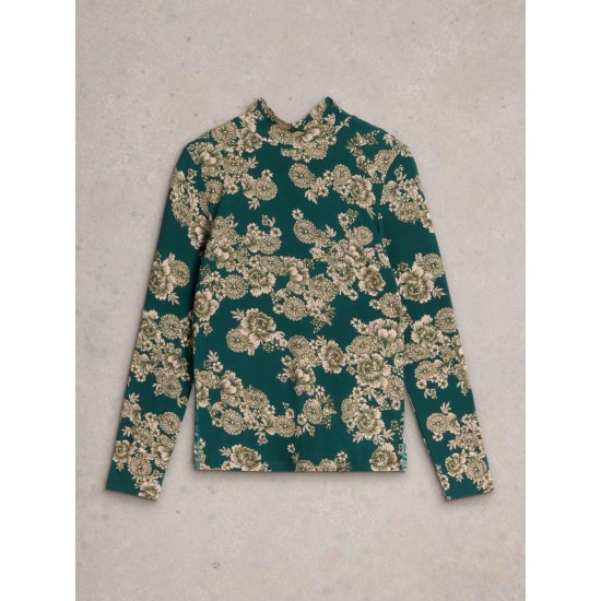 White Stuff Camille High Neck Tee in Green Print