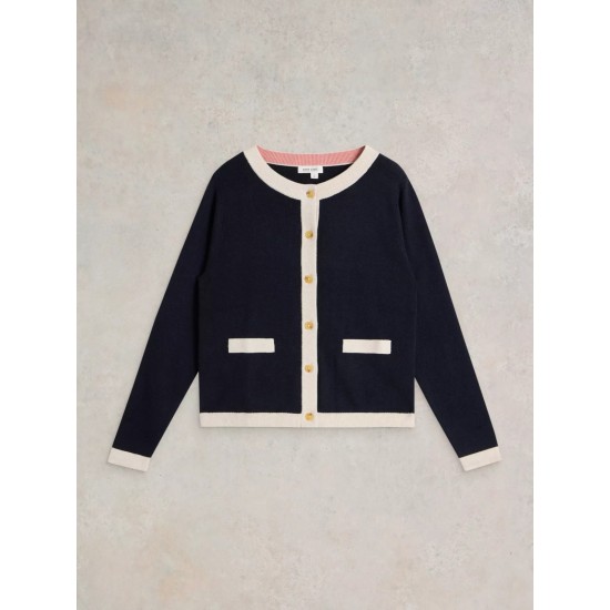 White Stuff Charlotte Crew Neck Cardi in Navy Multi
