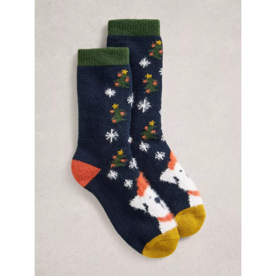 White Stuff Christmas Dog Cabin Sock in Navy Multi