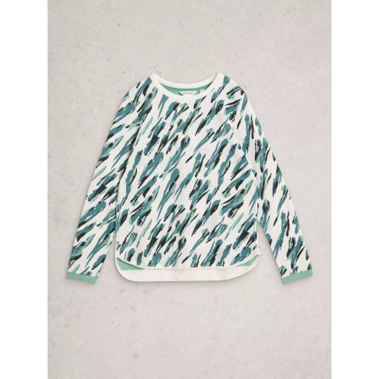 White Stuff Clara Long Sleeve Tee Crew Neck in Ivory Print