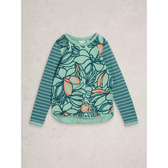 White Stuff Clara Long Sleeve Tee Crew Neck in Teal Print
