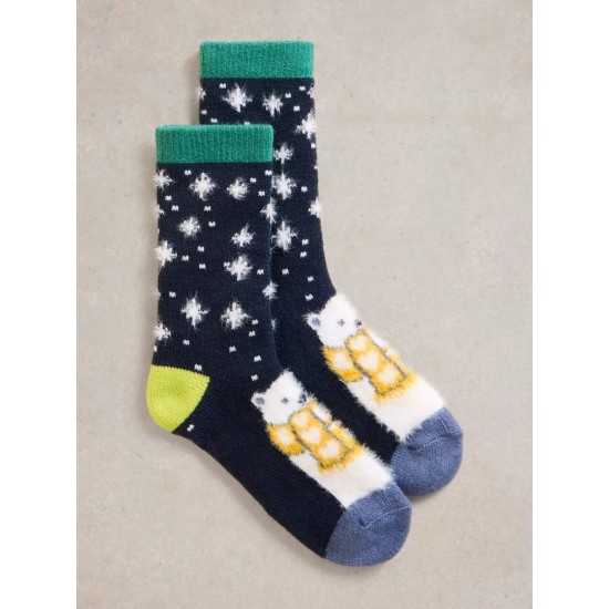 White Stuff Cosy Polar Bear Cabin Sock in Navy Multi