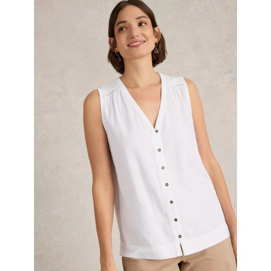 White Stuff Delilah Linen Blend Button Top in Brilliant White