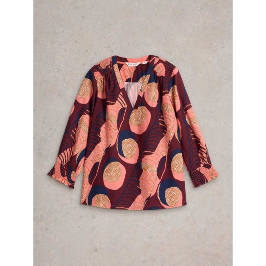 White Stuff Elisa V Neck Top in Plum Purple Print